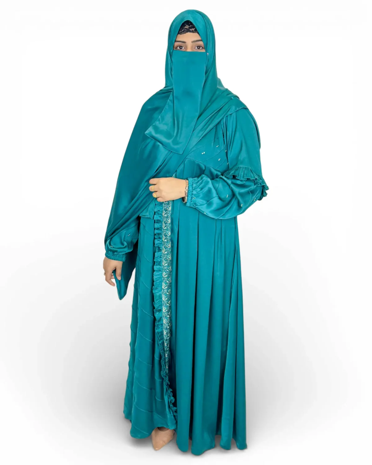 Ocean Lace teal satin abaya full length front view with embroidered lace trim and matching scarf
