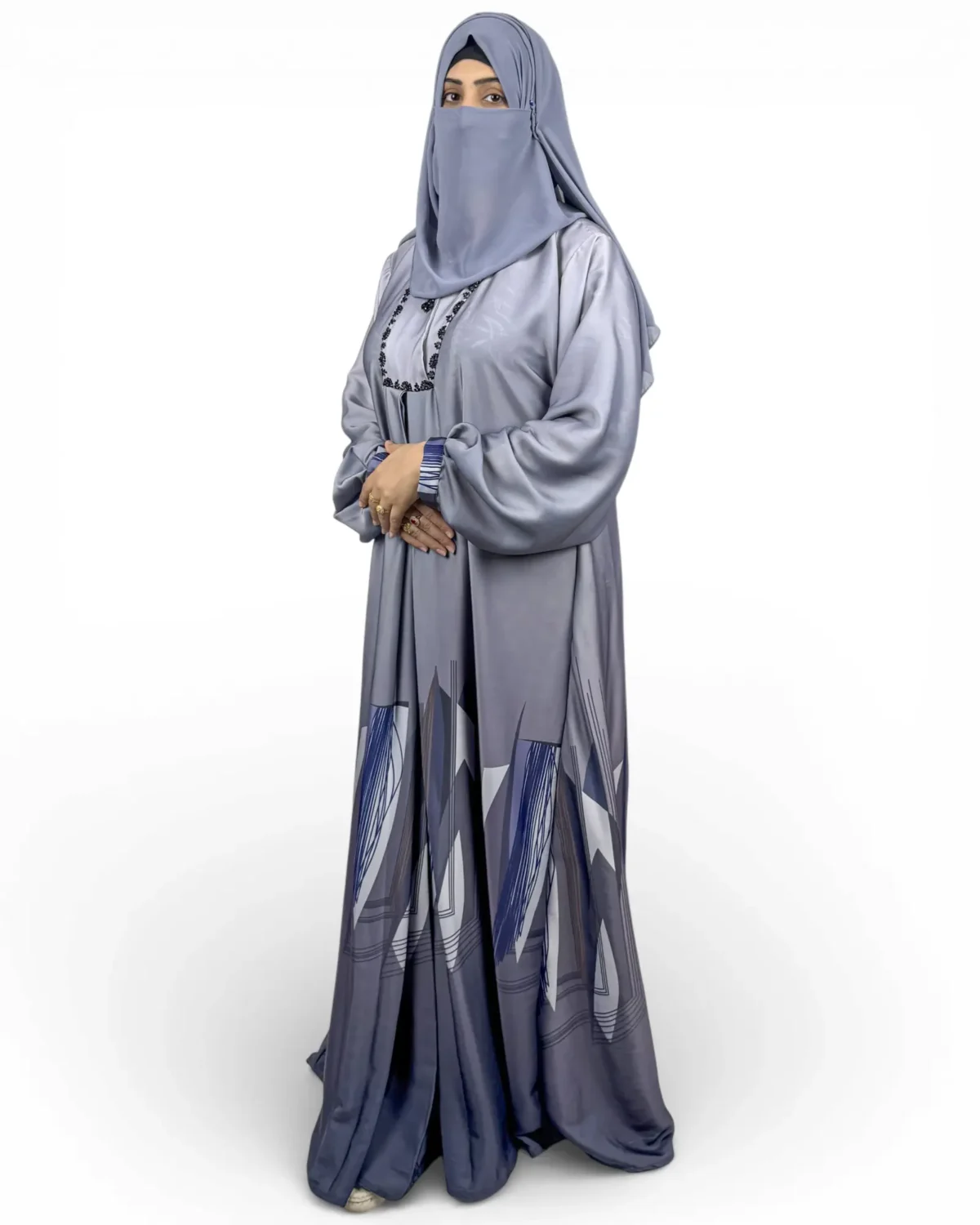 Skyline steel-blue abaya with black floral embroidery at chest and matching grey scarf