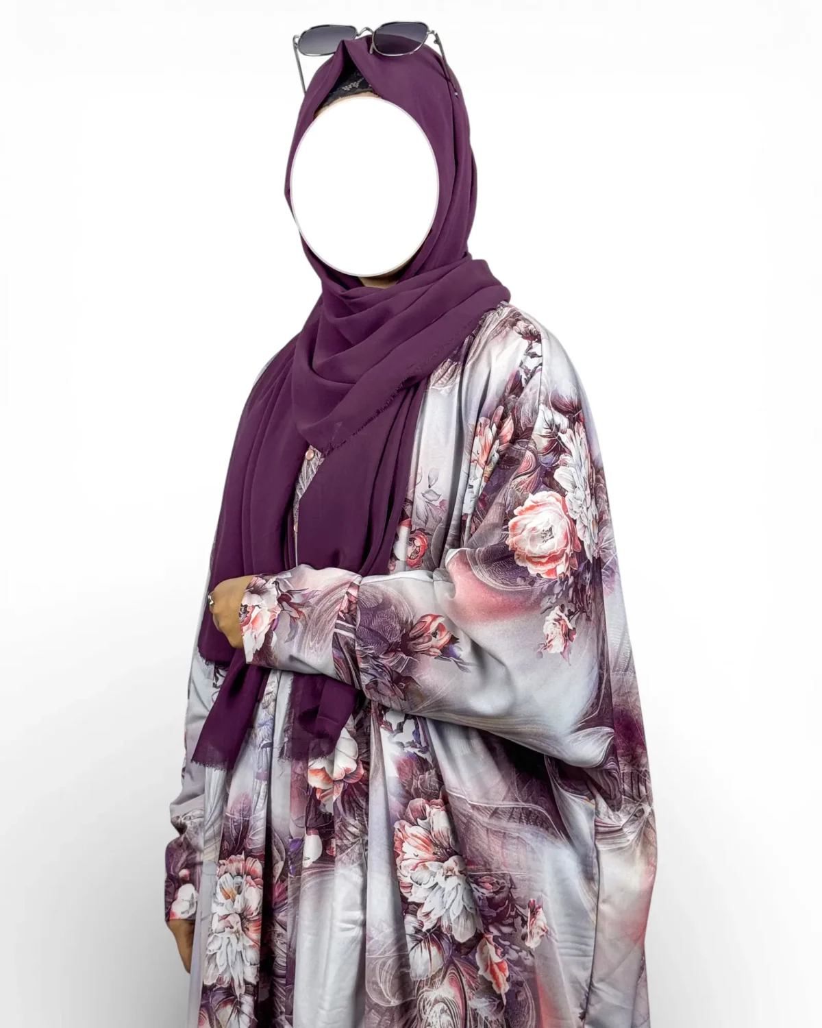 Mauve Blossom floral print abaya full length view with solid mauve hijab and niqab