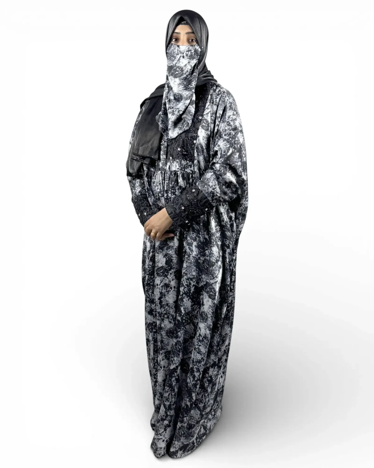 Midnight Snow black and grey floral print satin abaya full view with matching printed niqab