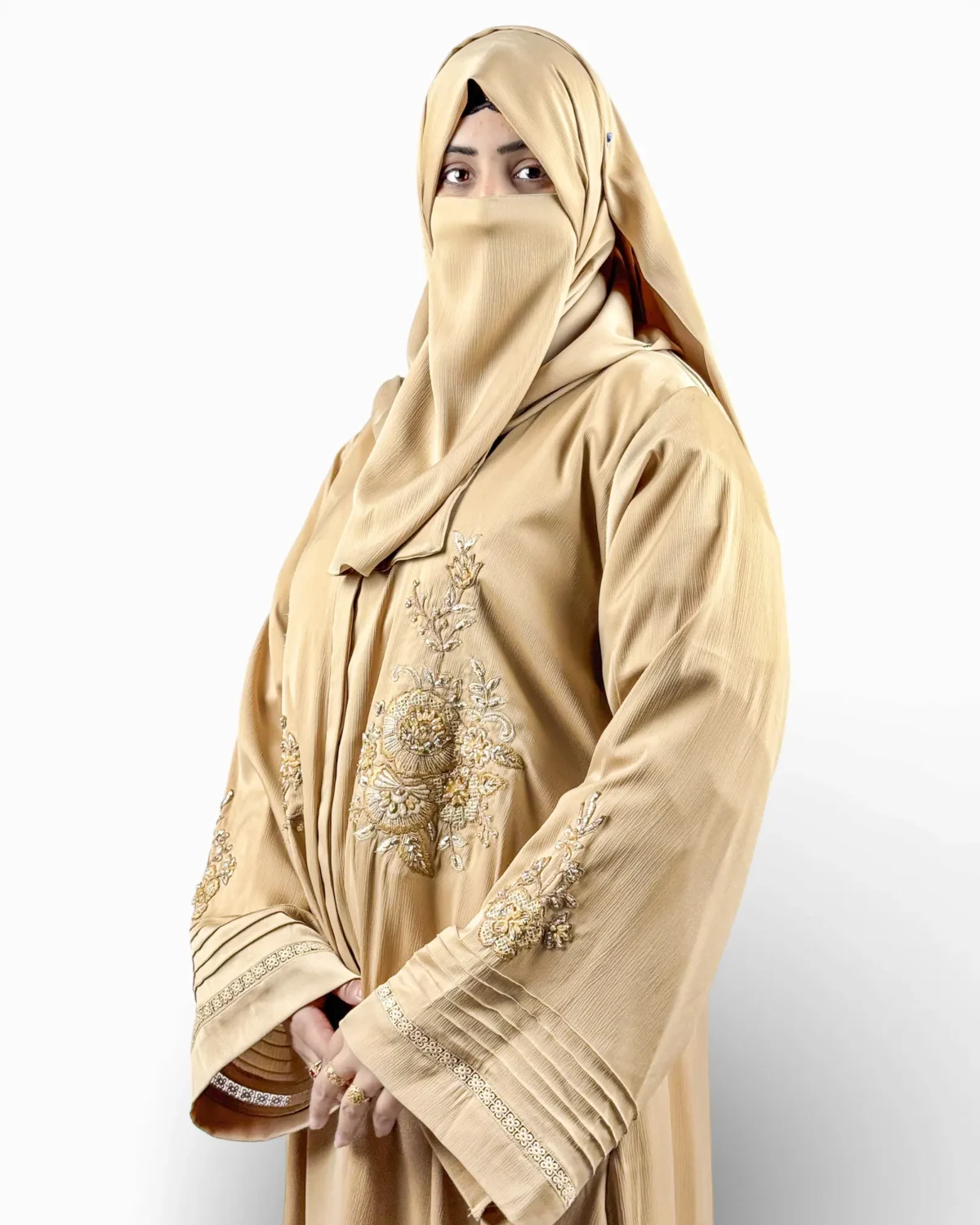 Aura warm gold satin abaya full length view with 3D raised floral embroidery and matching hijab