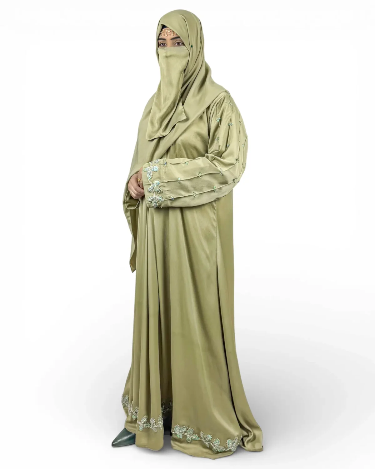 Olive Bloom khaki green abaya front view showing scattered turquoise floral embroidery on sleeves
