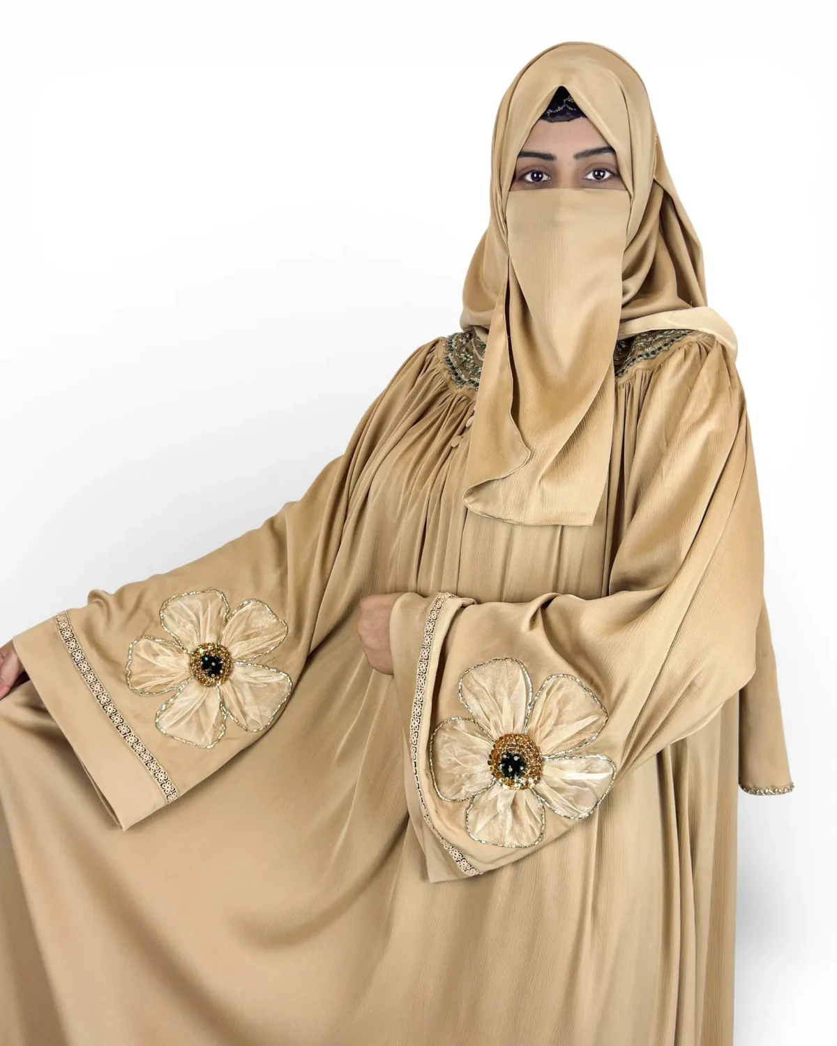 Golden Bloom gold satin abaya full view with 3D satin flowers at bodice and hem