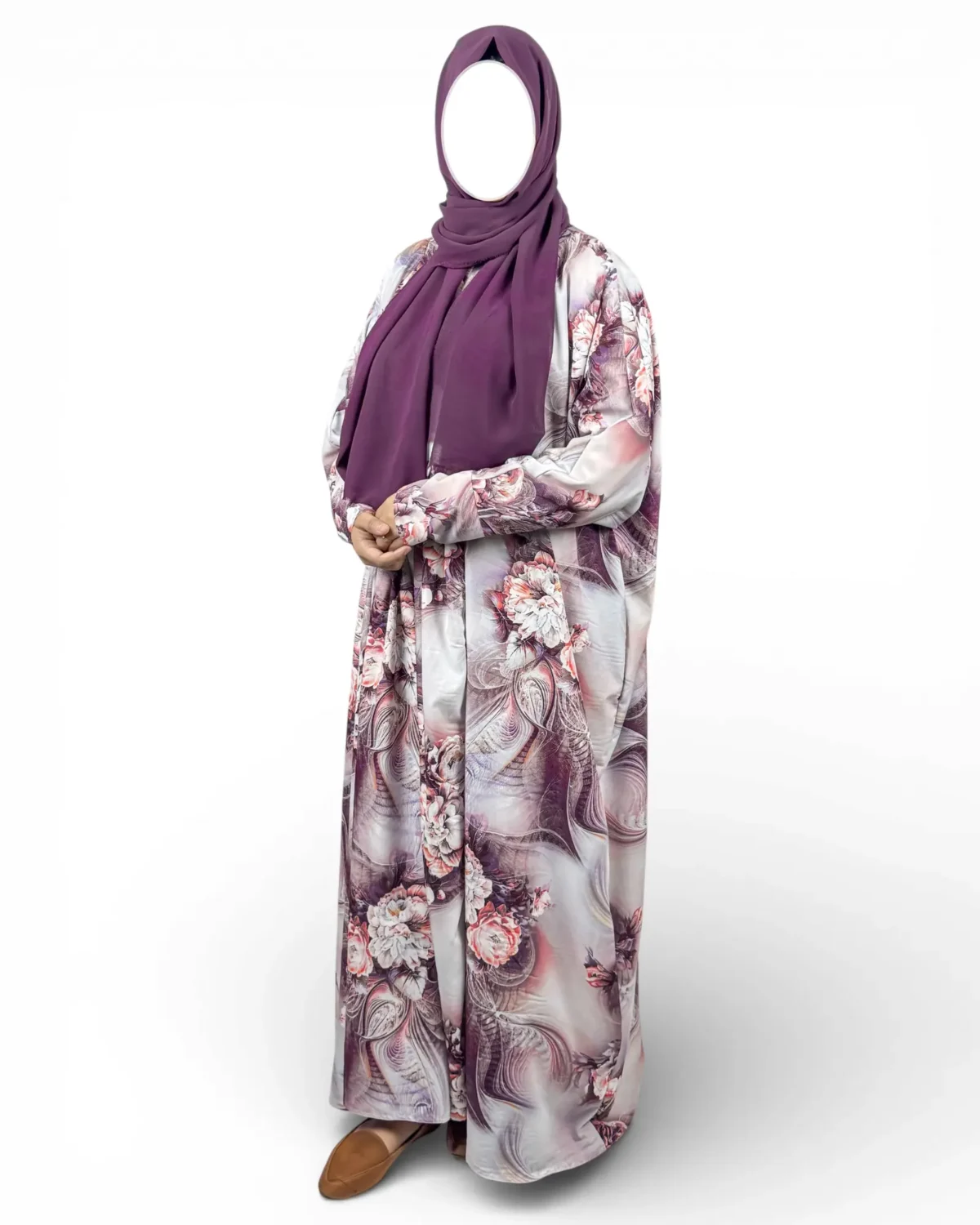 Mauve Blossom floral abaya close-up of rose and peony print in coral mauve and purple tones