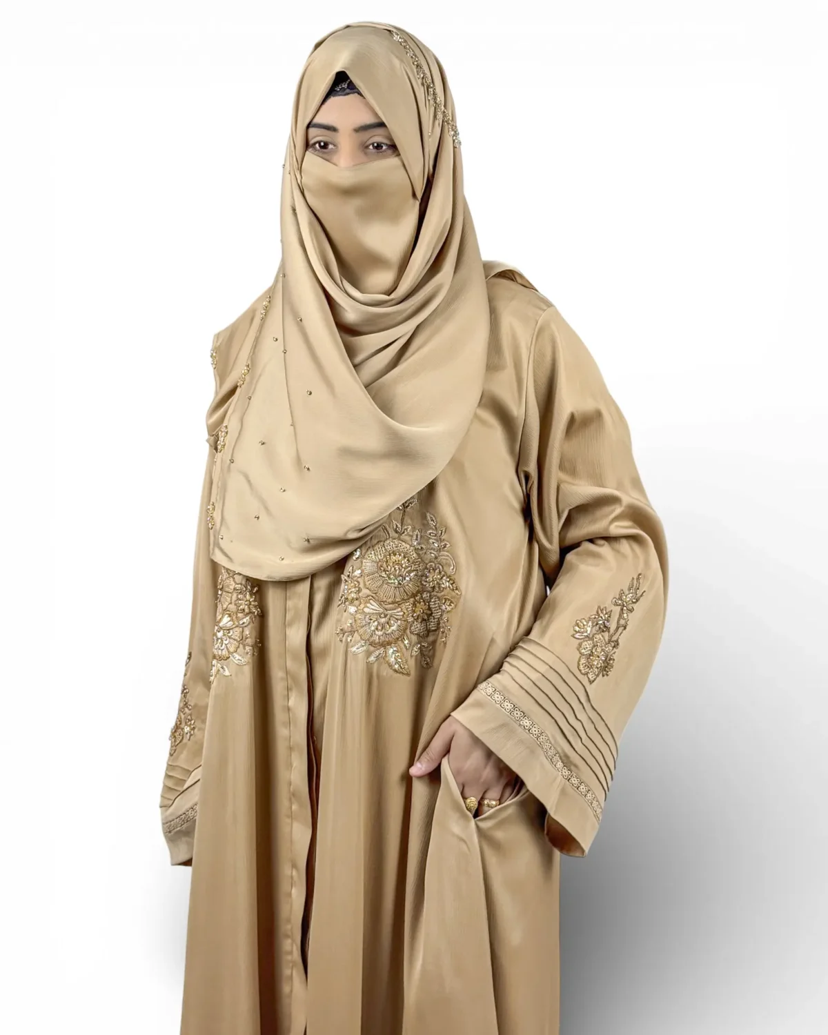 Aura golden satin abaya with 3D raised floral embroidery clusters and matching niqab