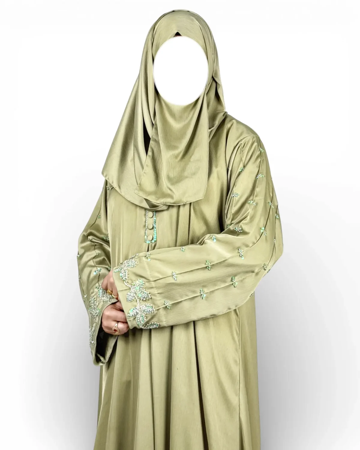 Olive Bloom olive abaya front view with decorative neckline buttons and embroidered cuffs