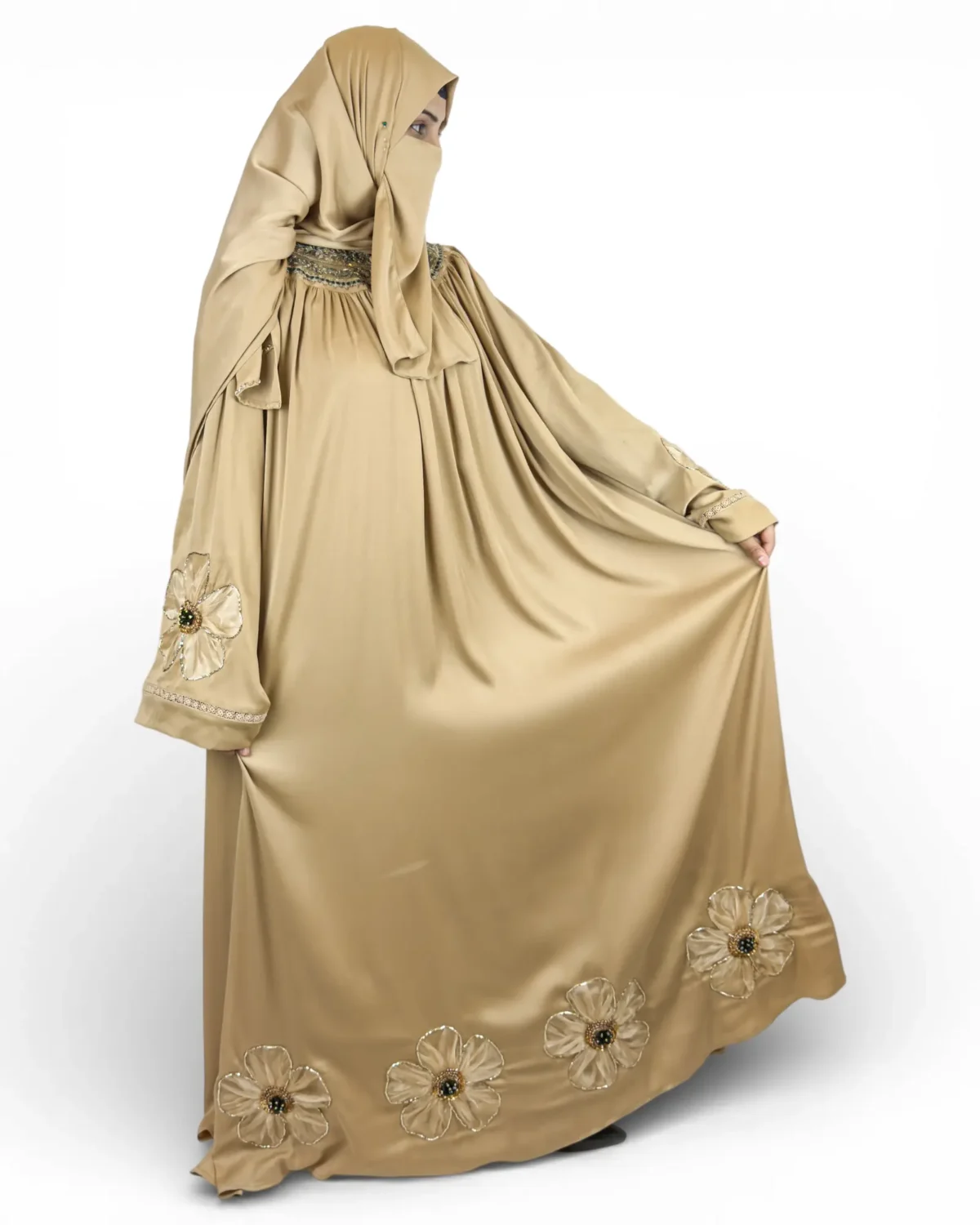 Golden Bloom champagne abaya close-up of flower appliqué and scarf detail