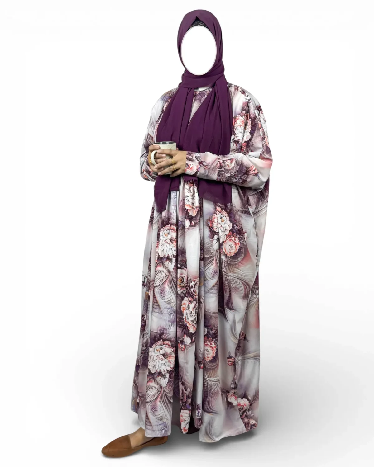 Mauve Blossom abaya angled view showing voluminous floral print skirt with gathered silhouette