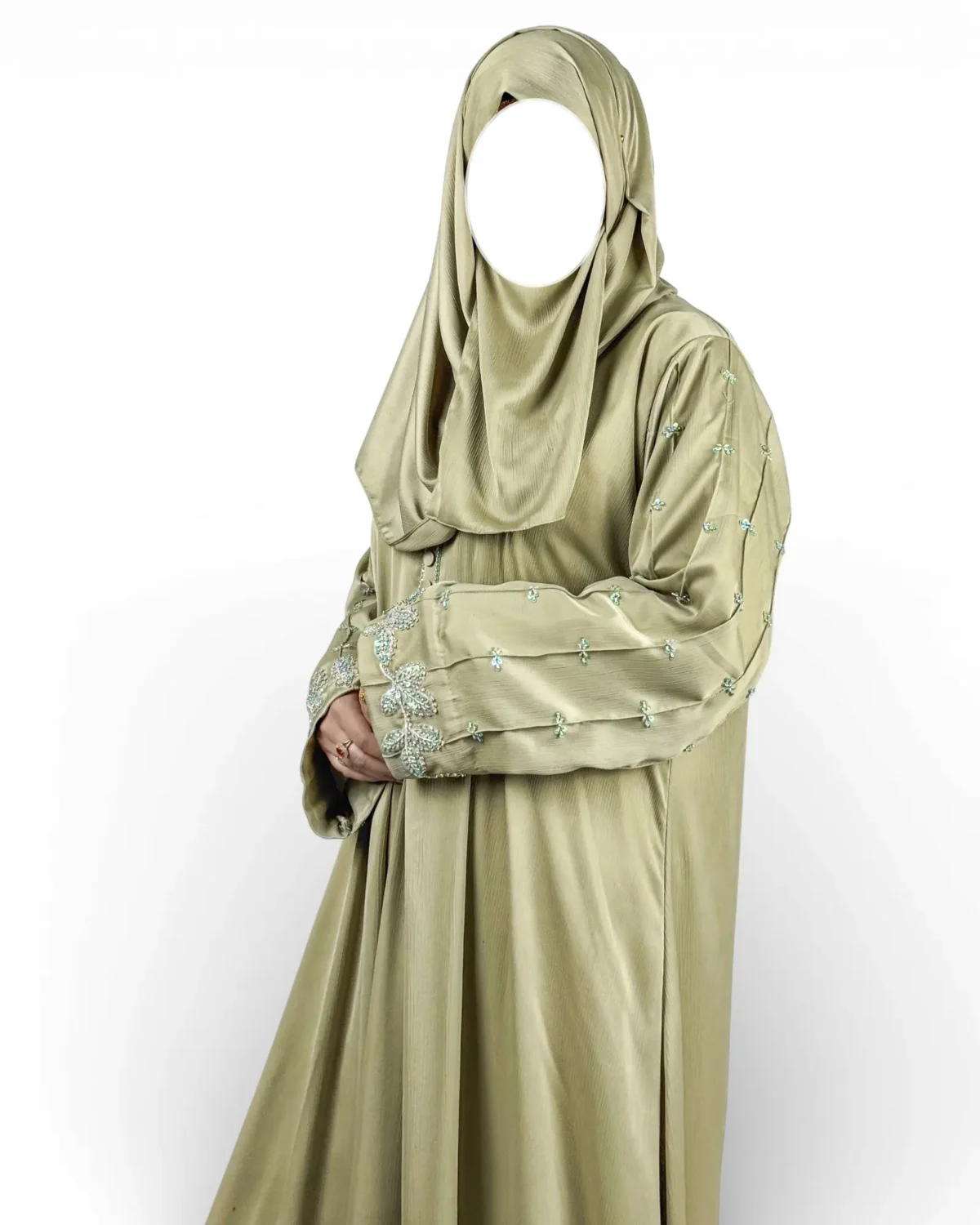 Olive Bloom khaki satin abaya with matching olive hijab and gold chain headpiece jewelry