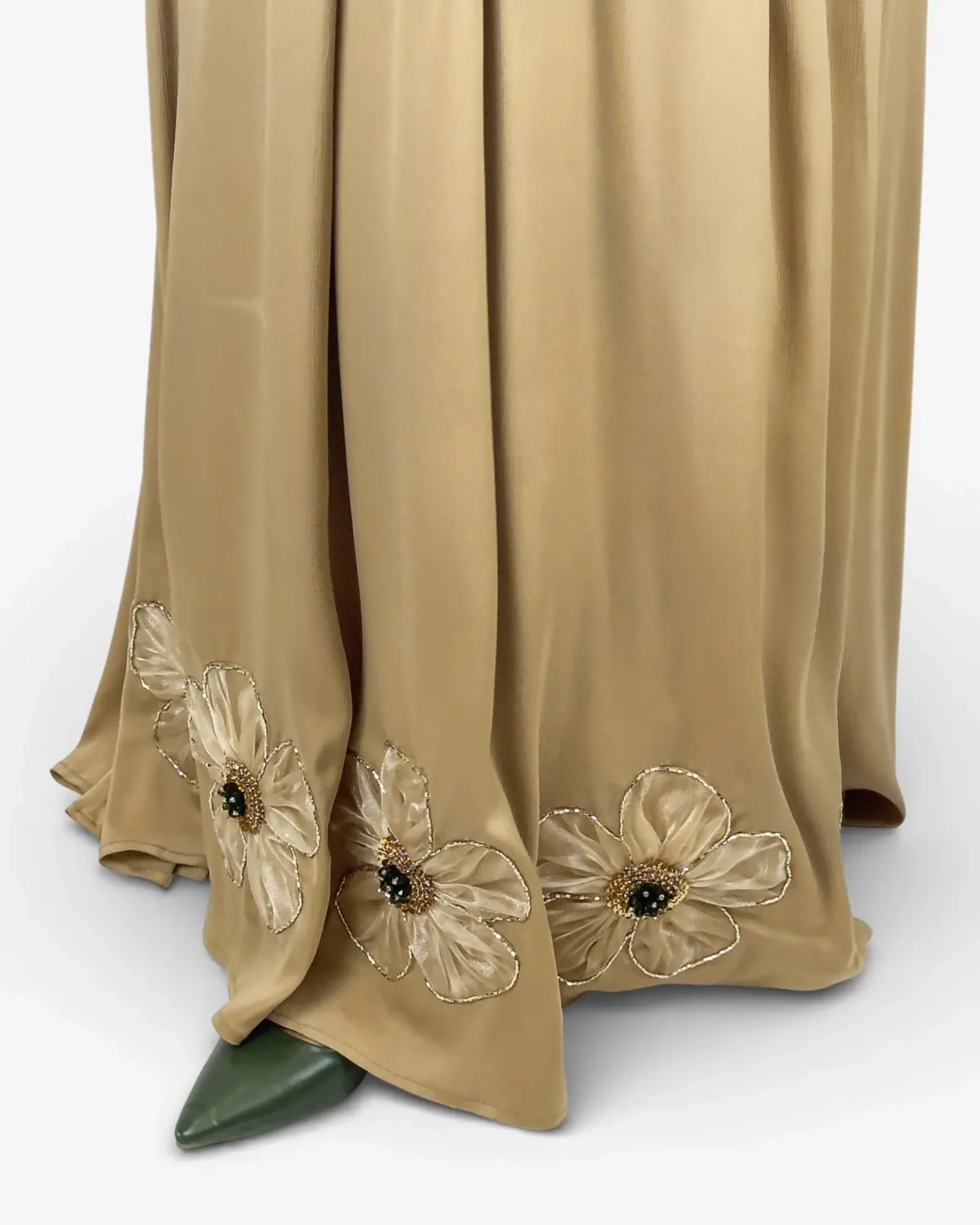 Golden Bloom gold satin abaya side view with matching scarf and niqab
