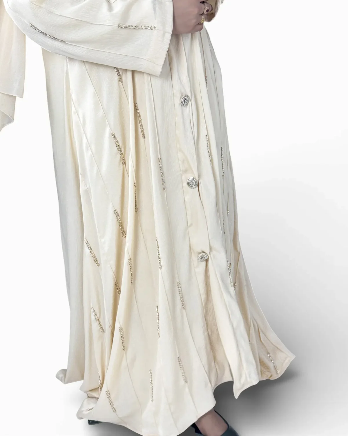 Royal Ivory cream abaya back view showing full floor-length silhouette with pintuck detail