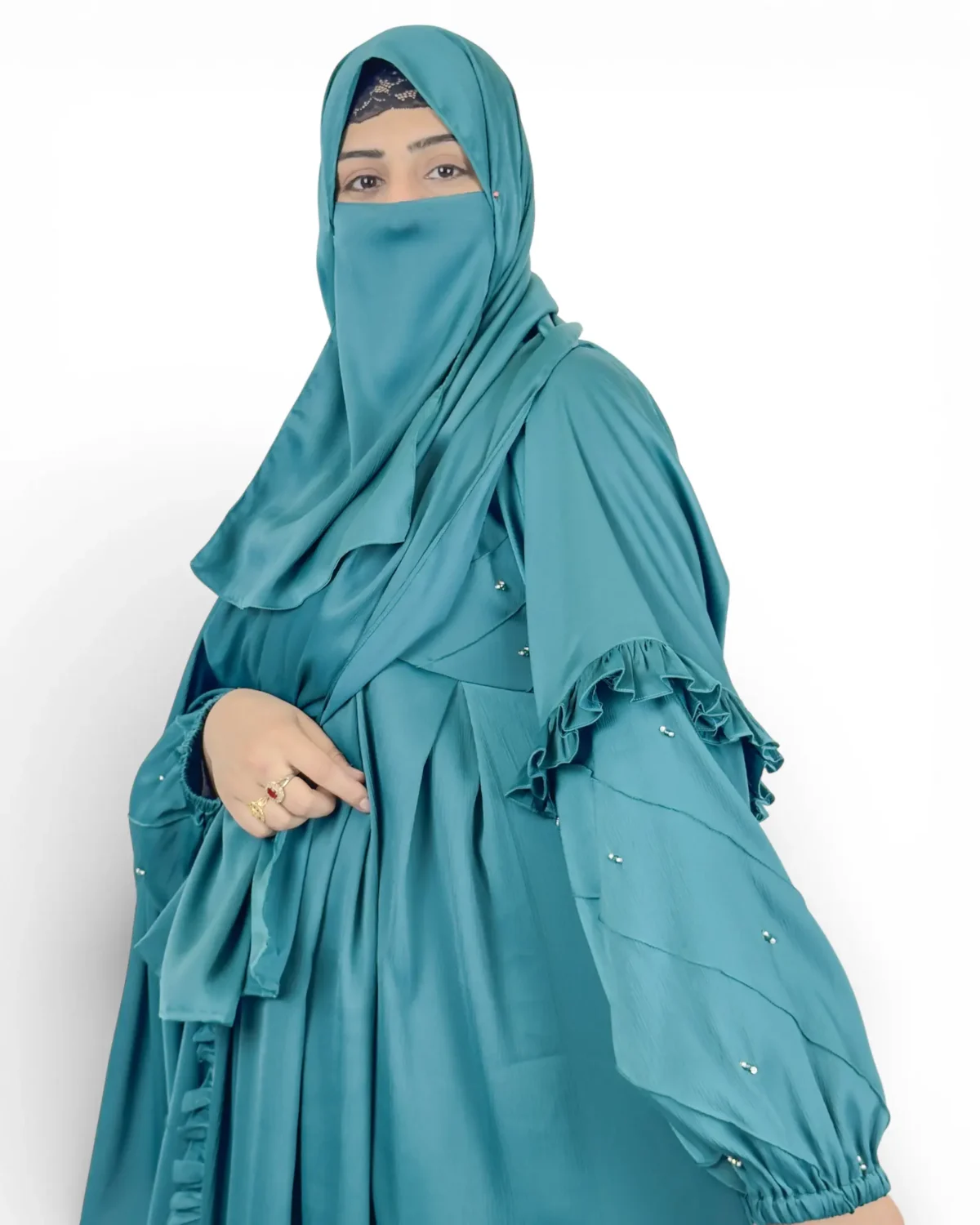 Ocean Lace teal satin abaya side profile with matching scarf and niqab