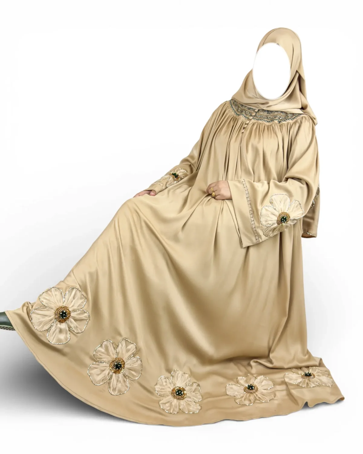 Golden Bloom gold abaya angled view with scarf bearing matching flower motif