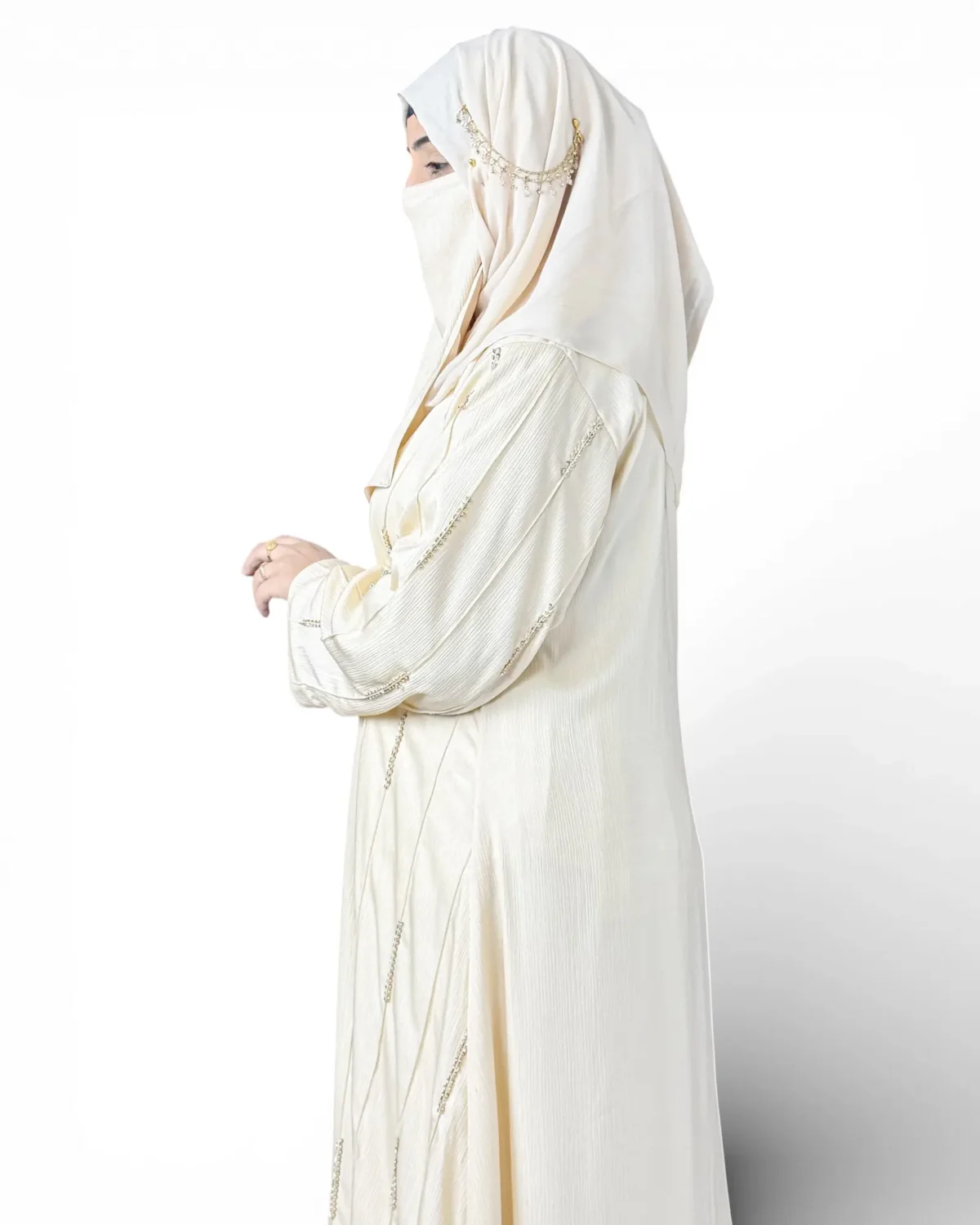 Royal Ivory satin abaya full view with gold chain hijab jewelry and cream matching set