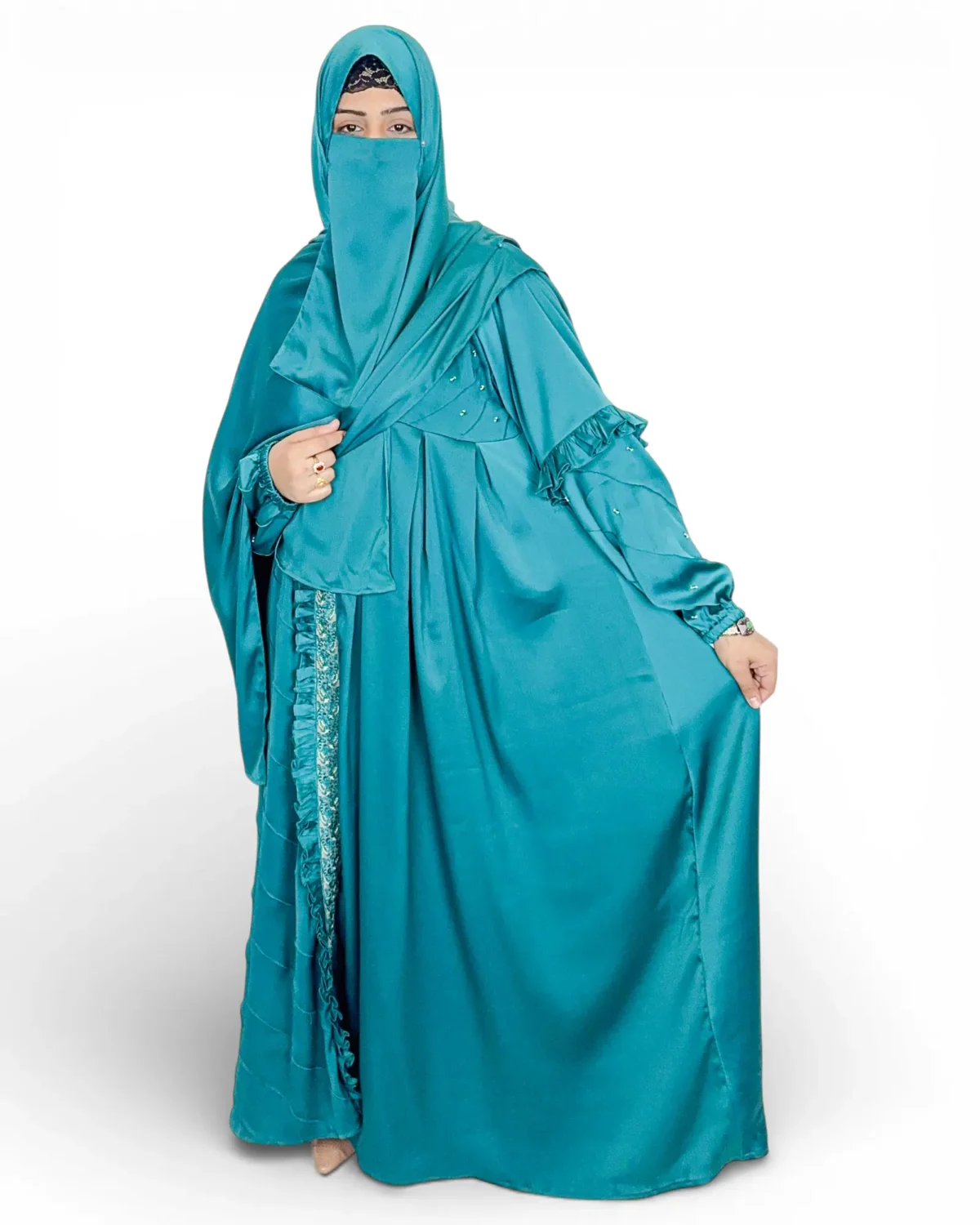 Ocean Lace ocean-blue abaya showing embroidered lace panel running down front opening