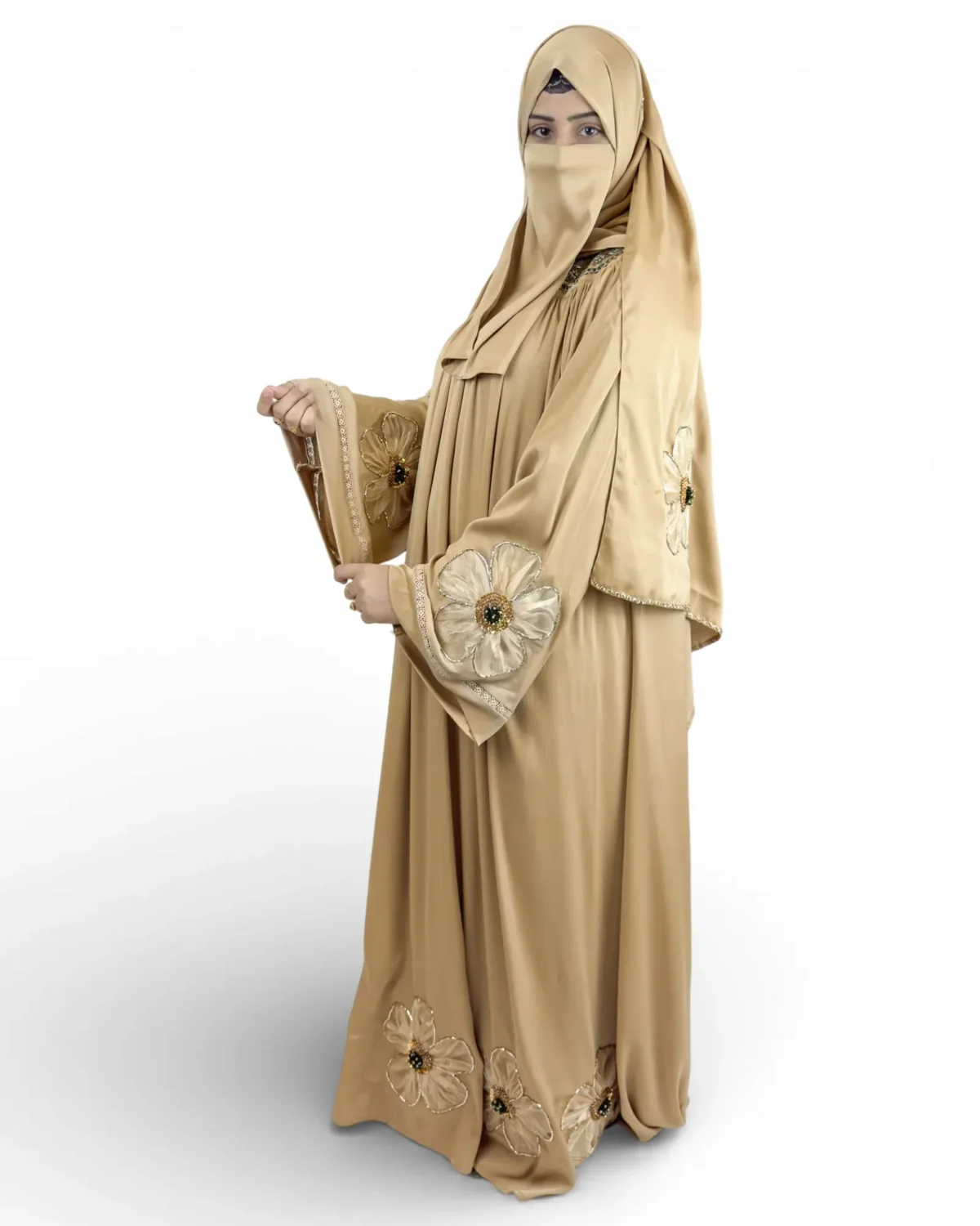 Golden Bloom gold satin abaya front view with large 3D flower appliqués and matching scarf