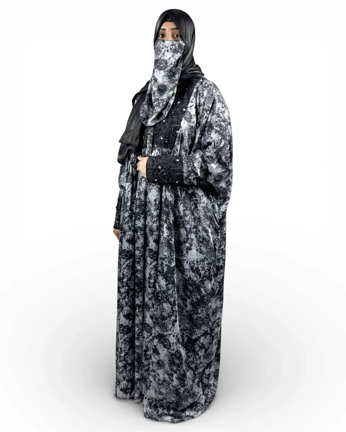 Midnight Snow grey and black printed satin abaya three-quarter view