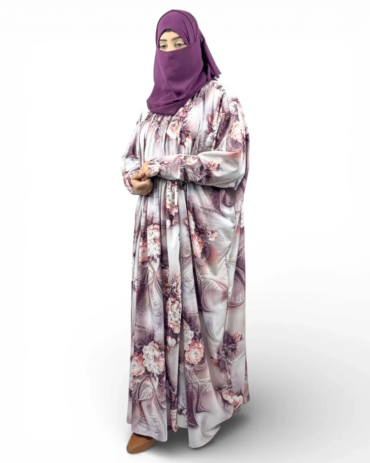 Mauve Blossom silver-grey abaya with large painterly floral print of peonies in mauve and coral pink