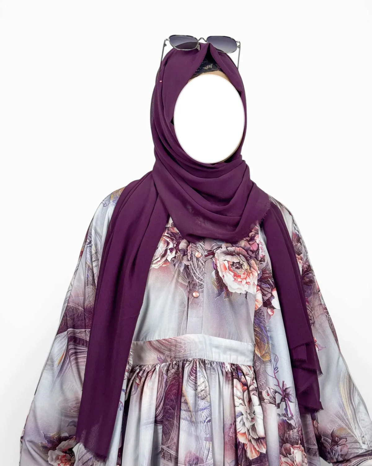 Mauve Blossom abaya showing painterly peony and rose print in purple mauve and coral tones