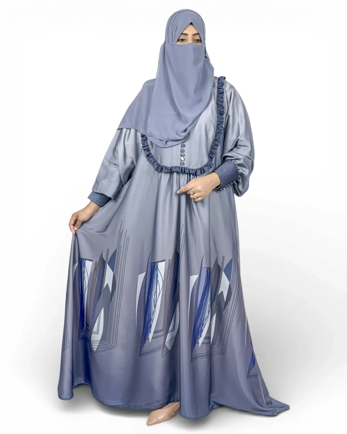 Azure Mist steel-blue satin abaya full length front view showing geometric angular print at hem