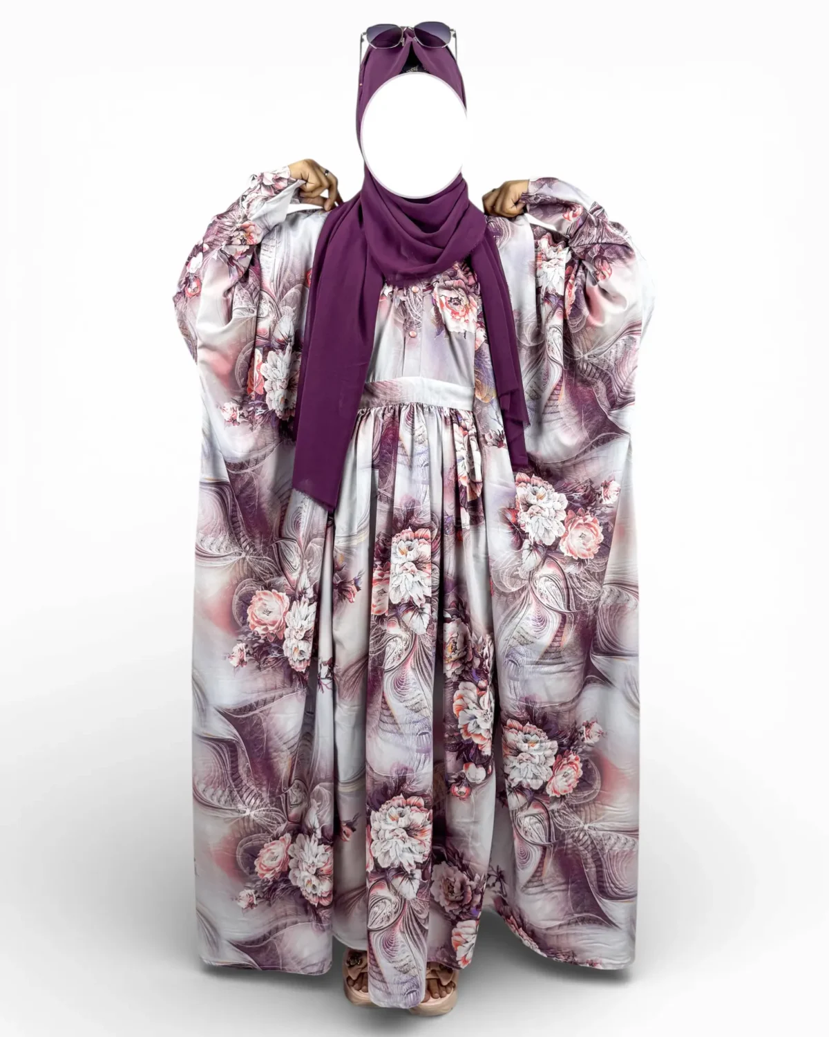 Mauve Blossom grey and mauve floral abaya three-quarter view with gathered waist