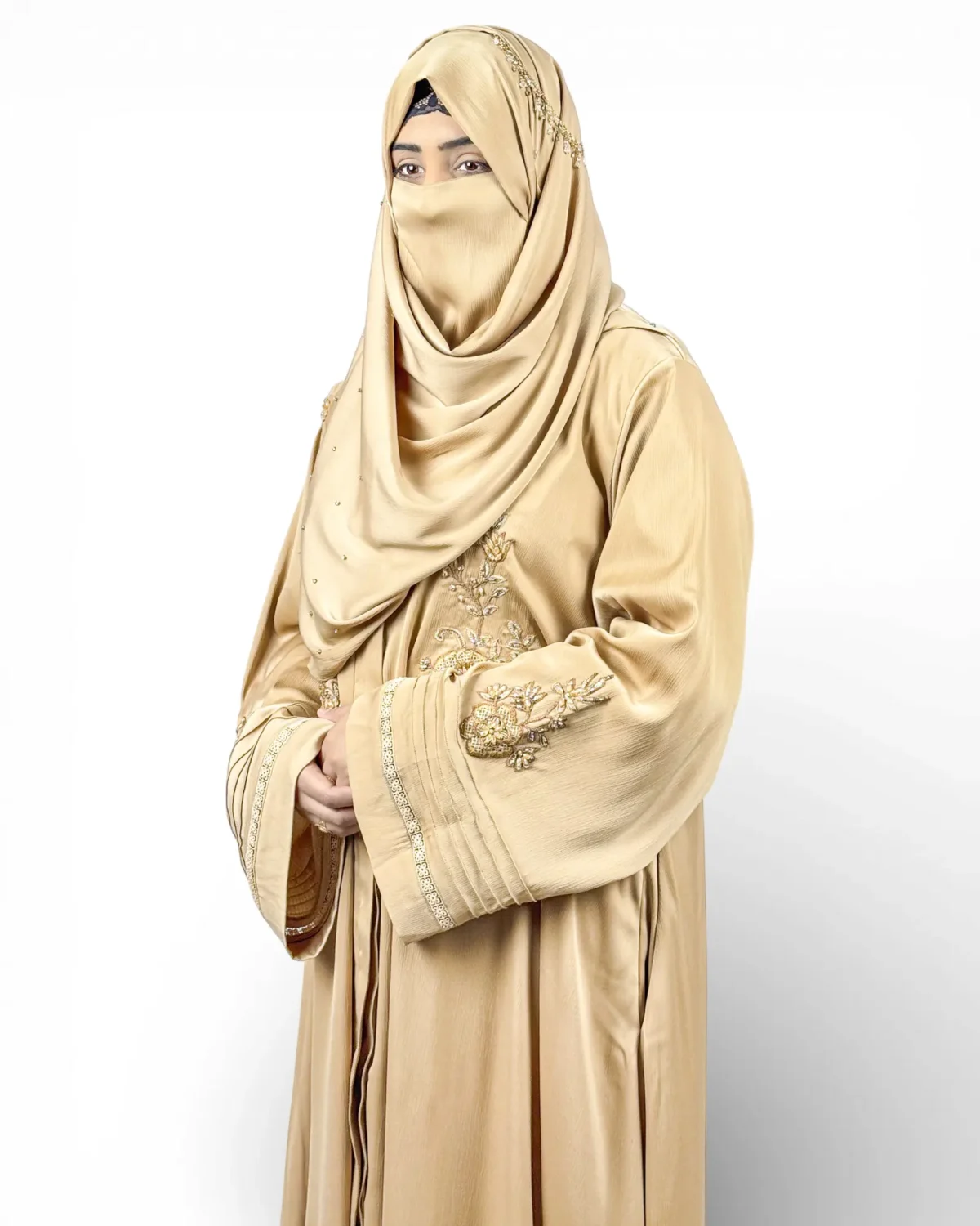 Aura khaki gold satin abaya close-up of 3D floral embroidery cluster at bodice