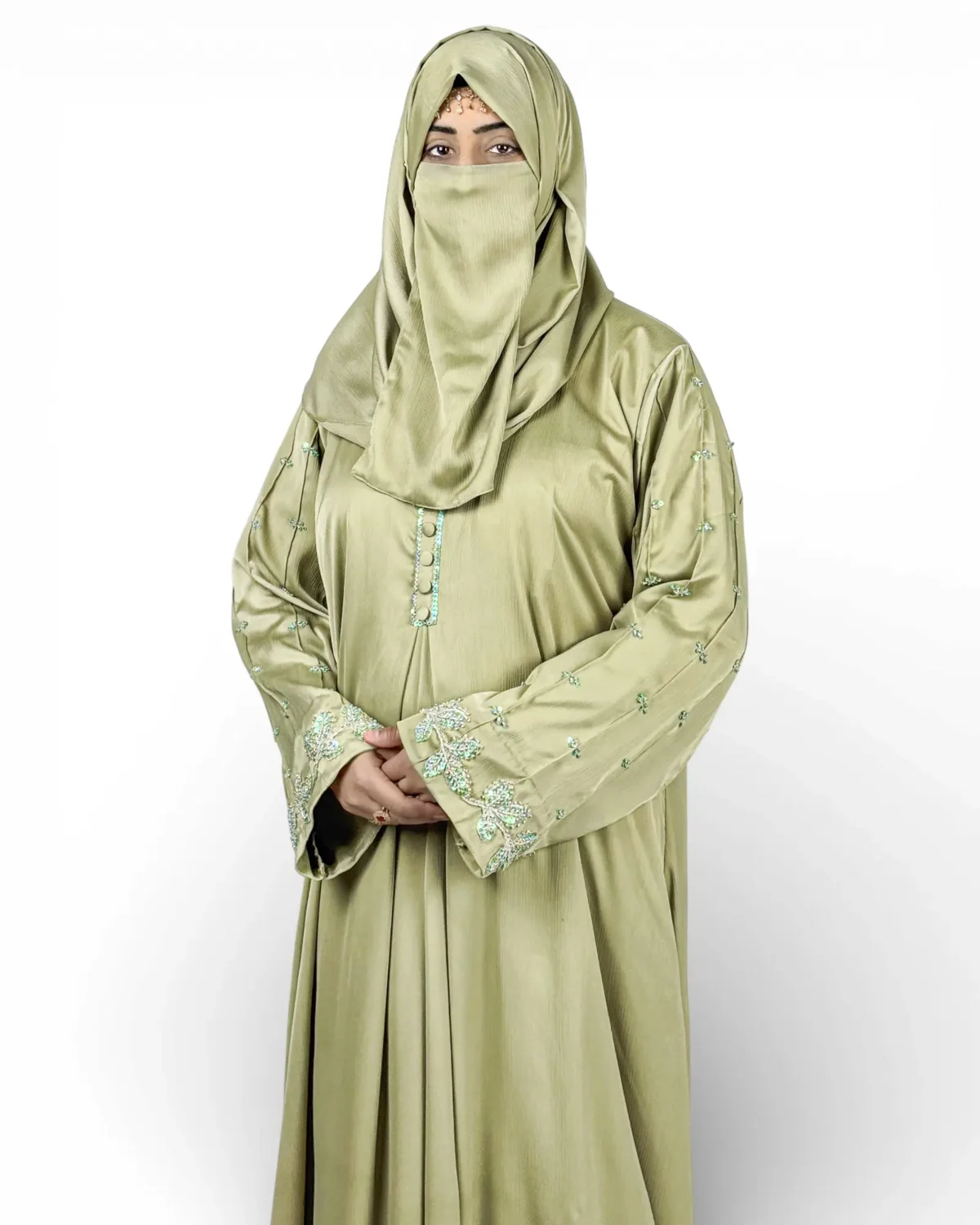 Olive Bloom green satin abaya showing light blue turquoise floral embroidery motifs on sleeves