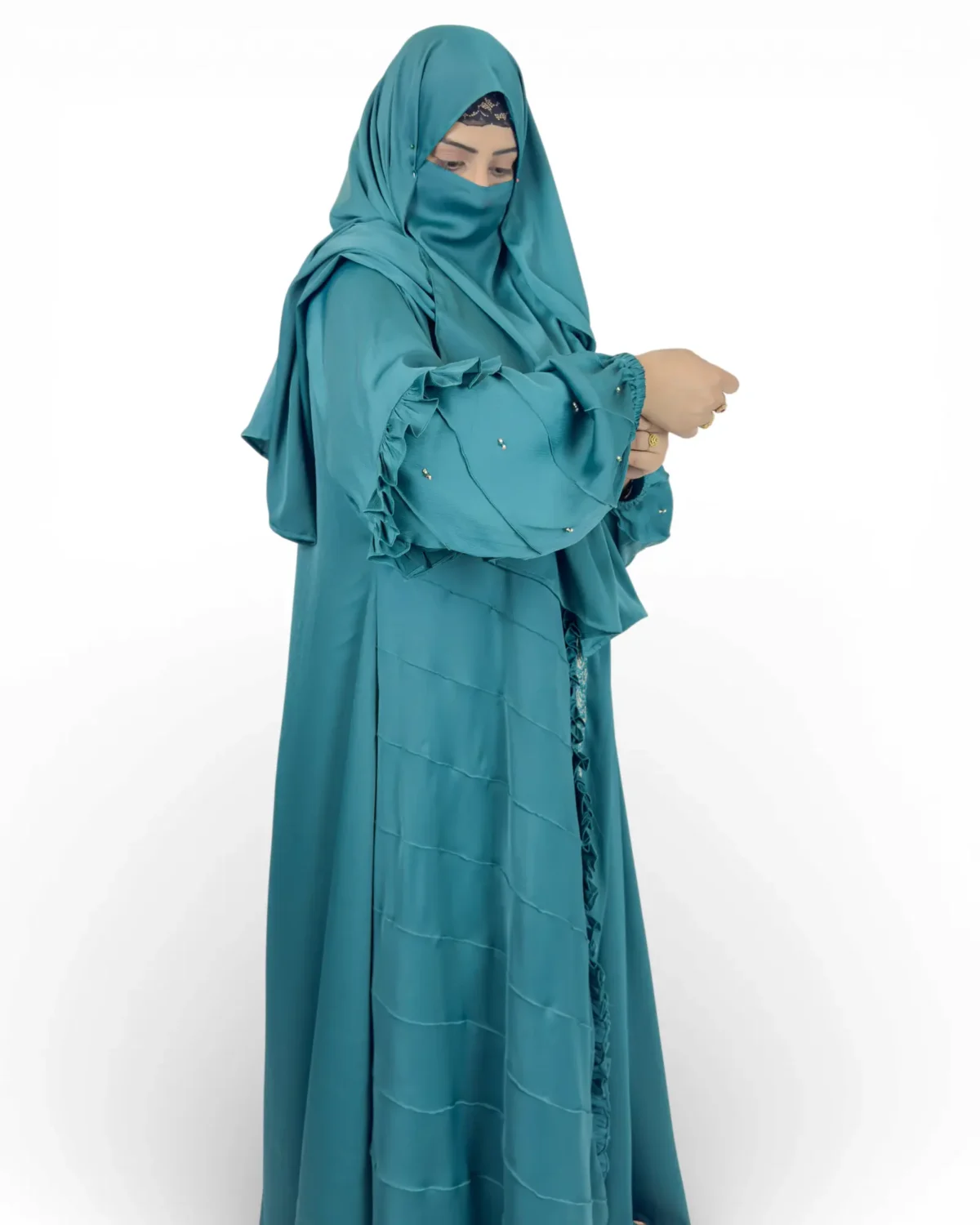 Ocean Lace teal satin abaya full view with diagonal pintuck stitching and lace trim