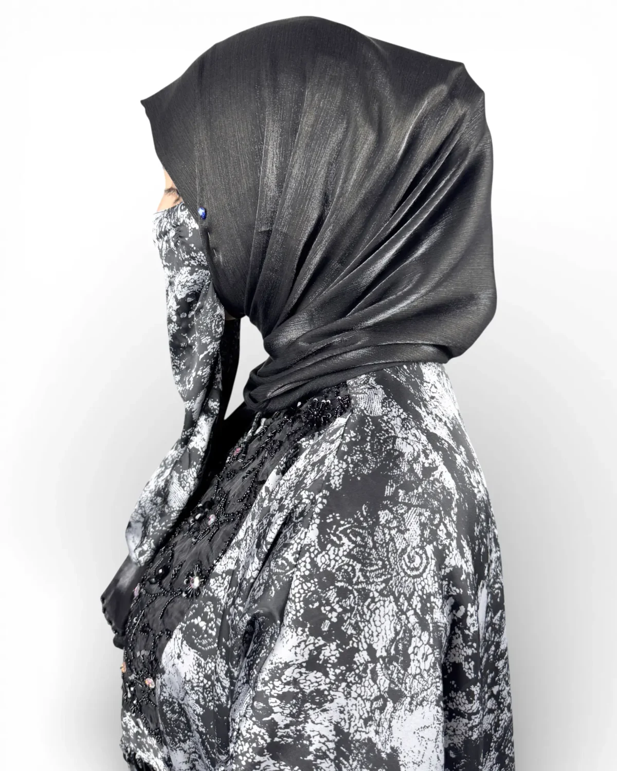Midnight Snow abaya with black embroidered cuffs adorned with crystal and pearl beads