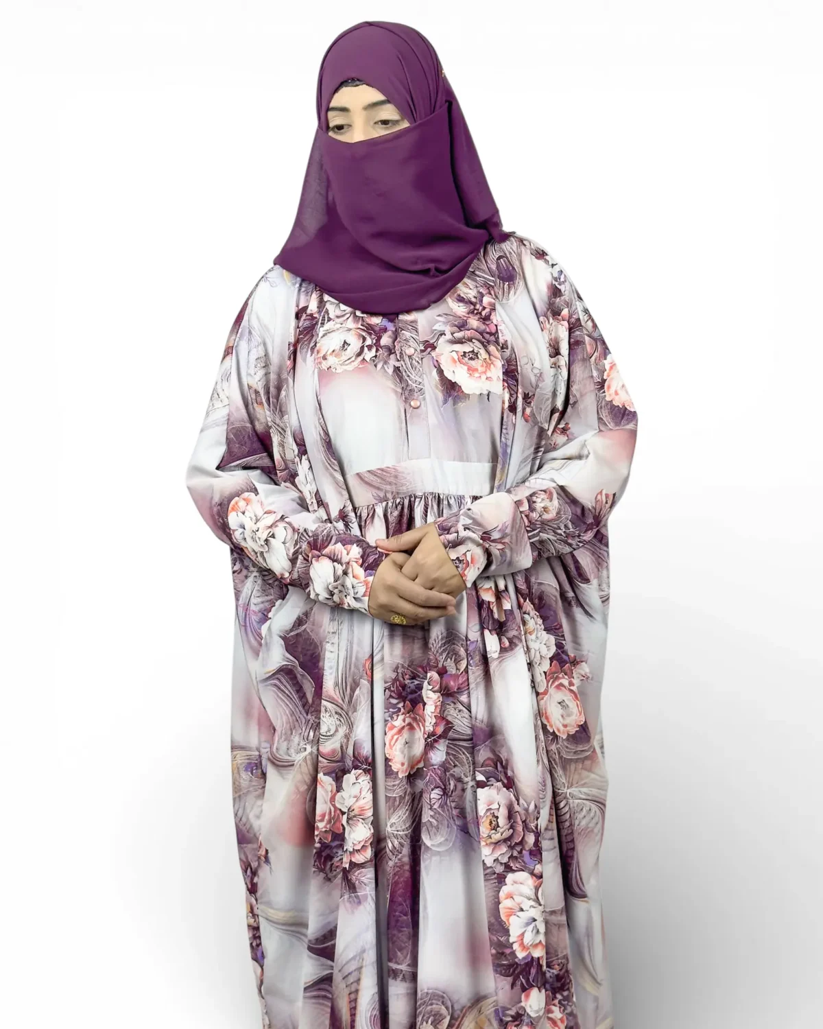 Mauve Blossom floral print abaya front view with solid mauve purple niqab