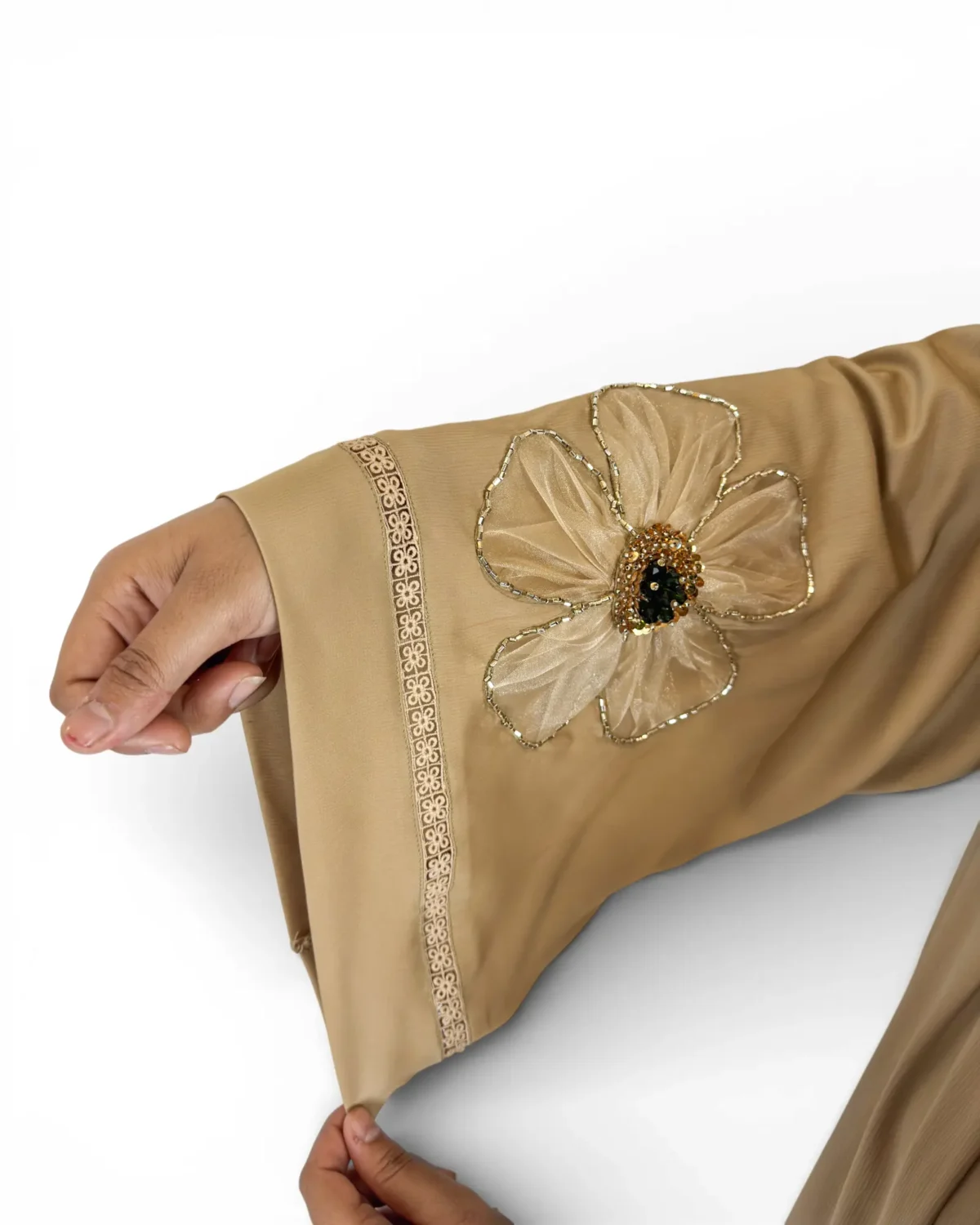 Golden Bloom abaya full length view with 3D flower appliqués and gold lace trim