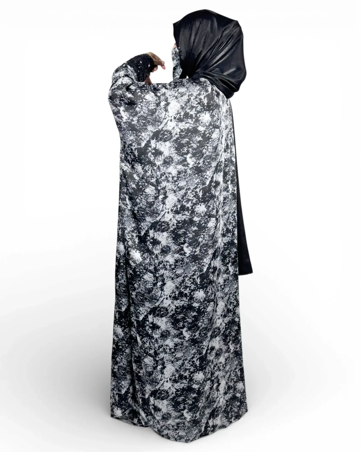 Midnight Snow close-up of black lace embroidery panel and crystal pearl accents on front