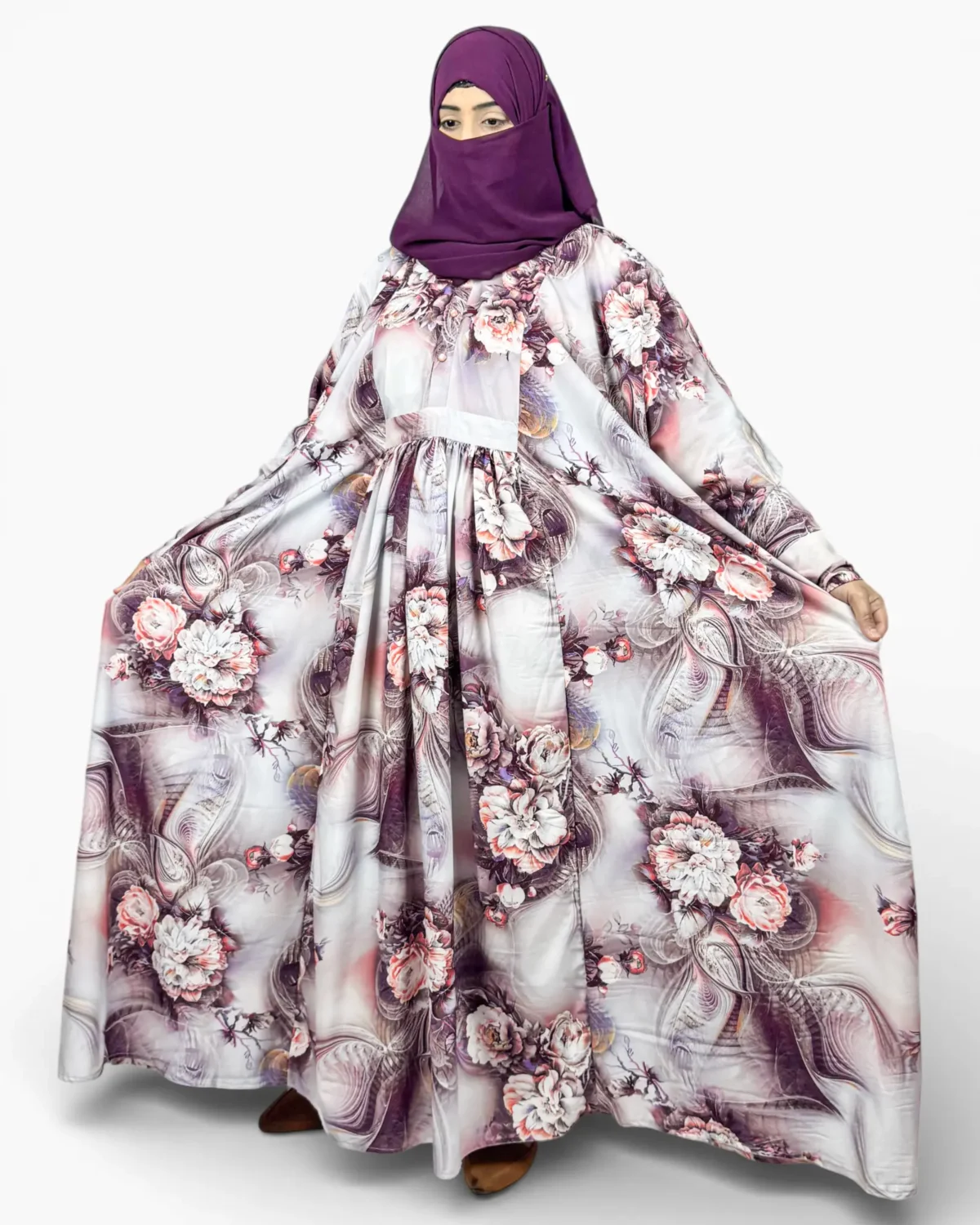 Mauve Blossom abaya showing large rose and peony floral print on silver-grey satin fabric