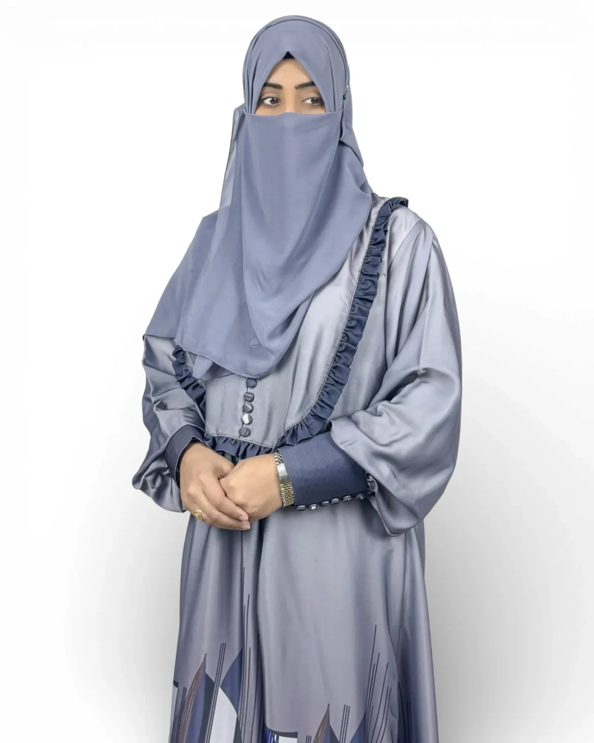 Azure Mist abaya detail of dark navy contrasting cuffs with small round button trim