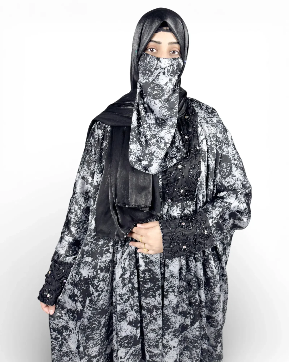 Midnight Snow grey and black floral print abaya with plain black hijab and niqab