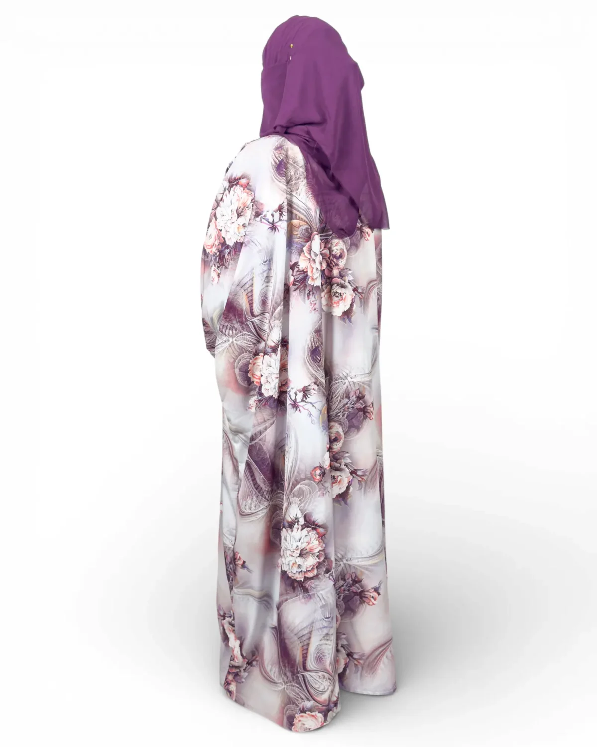 Mauve Blossom floral abaya side view with wide kaftan sleeves and mauve purple niqab