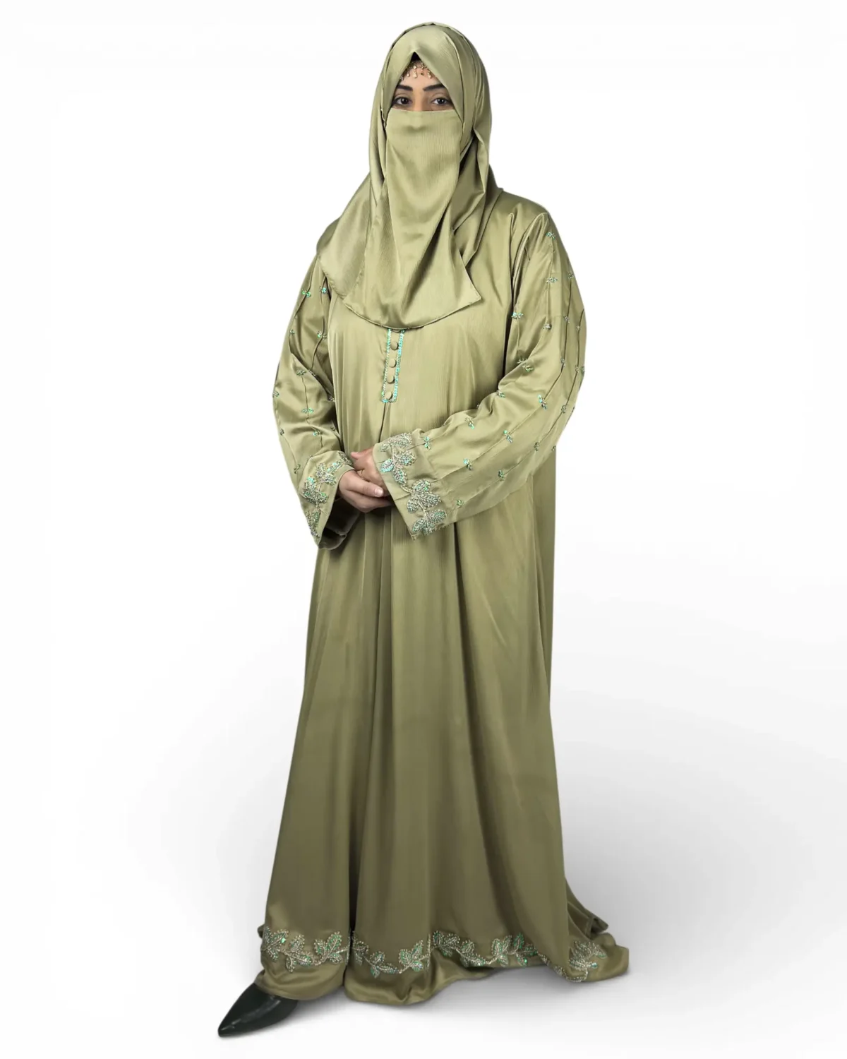 Olive Bloom olive satin abaya showing continuous vine and floral embroidery border at hem
