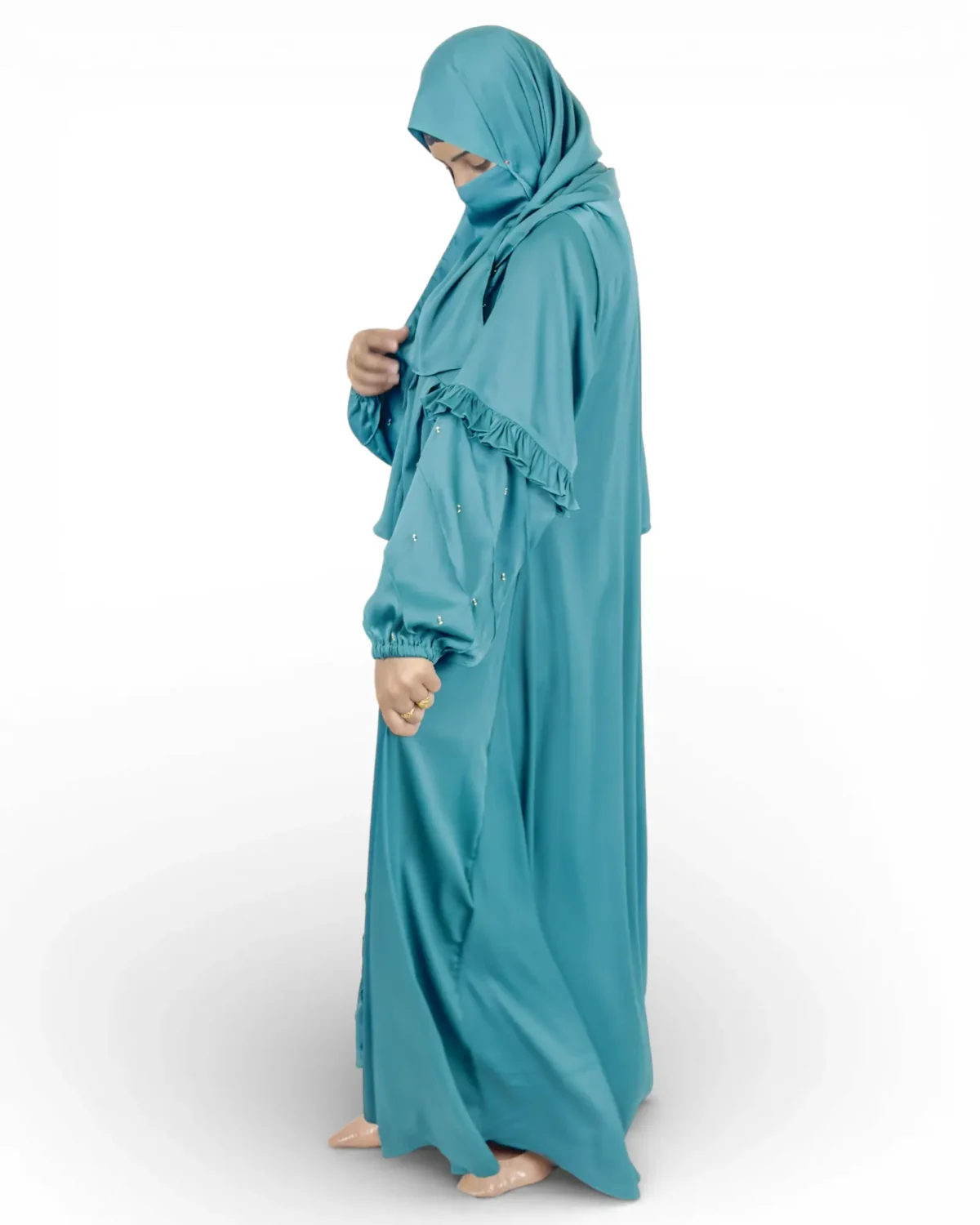 Ocean Lace ocean-blue abaya with matching teal niqab and scarf full length