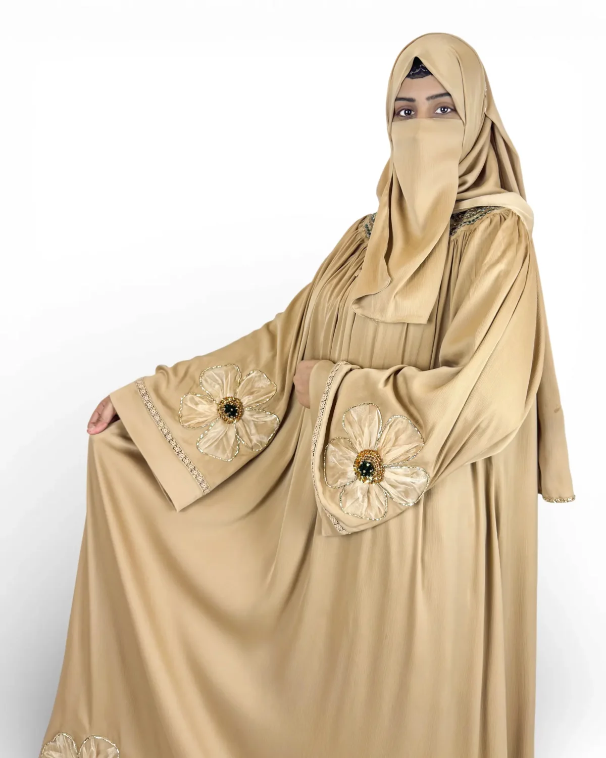 Golden Bloom gold abaya sleeve detail with 3D satin flower appliqué at cuff