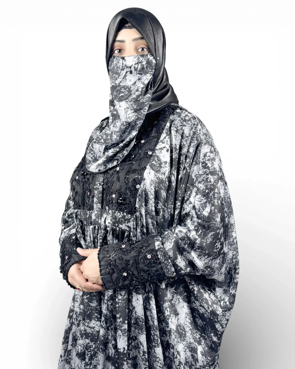 Midnight Snow abaya full length front view showing silver and black print pattern