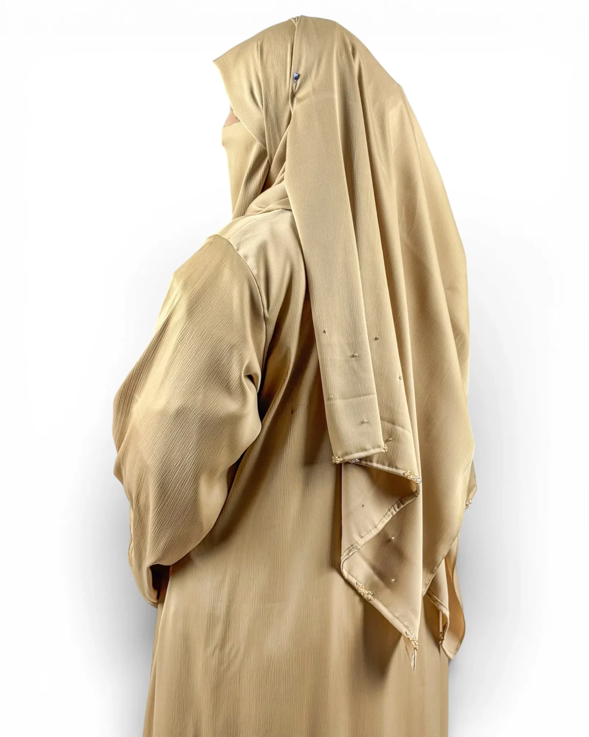Aura golden abaya detail of 3D gold and silver raised floral embroidery on sleeve