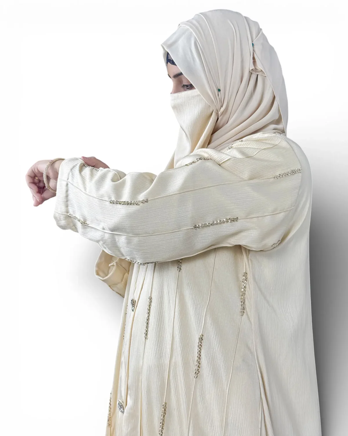 Royal Ivory cream satin abaya with matching ivory hijab and niqab full length view