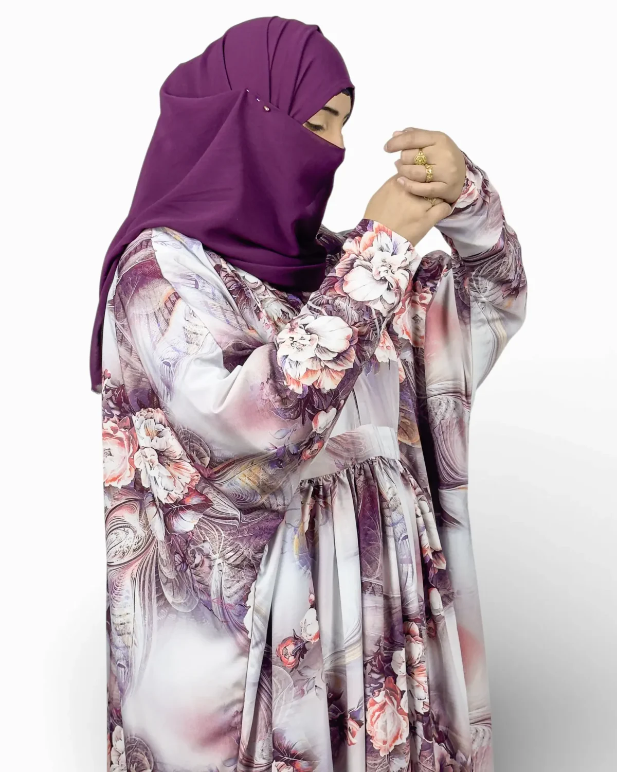Mauve Blossom abaya detail of floral print featuring coral pink peonies and roses