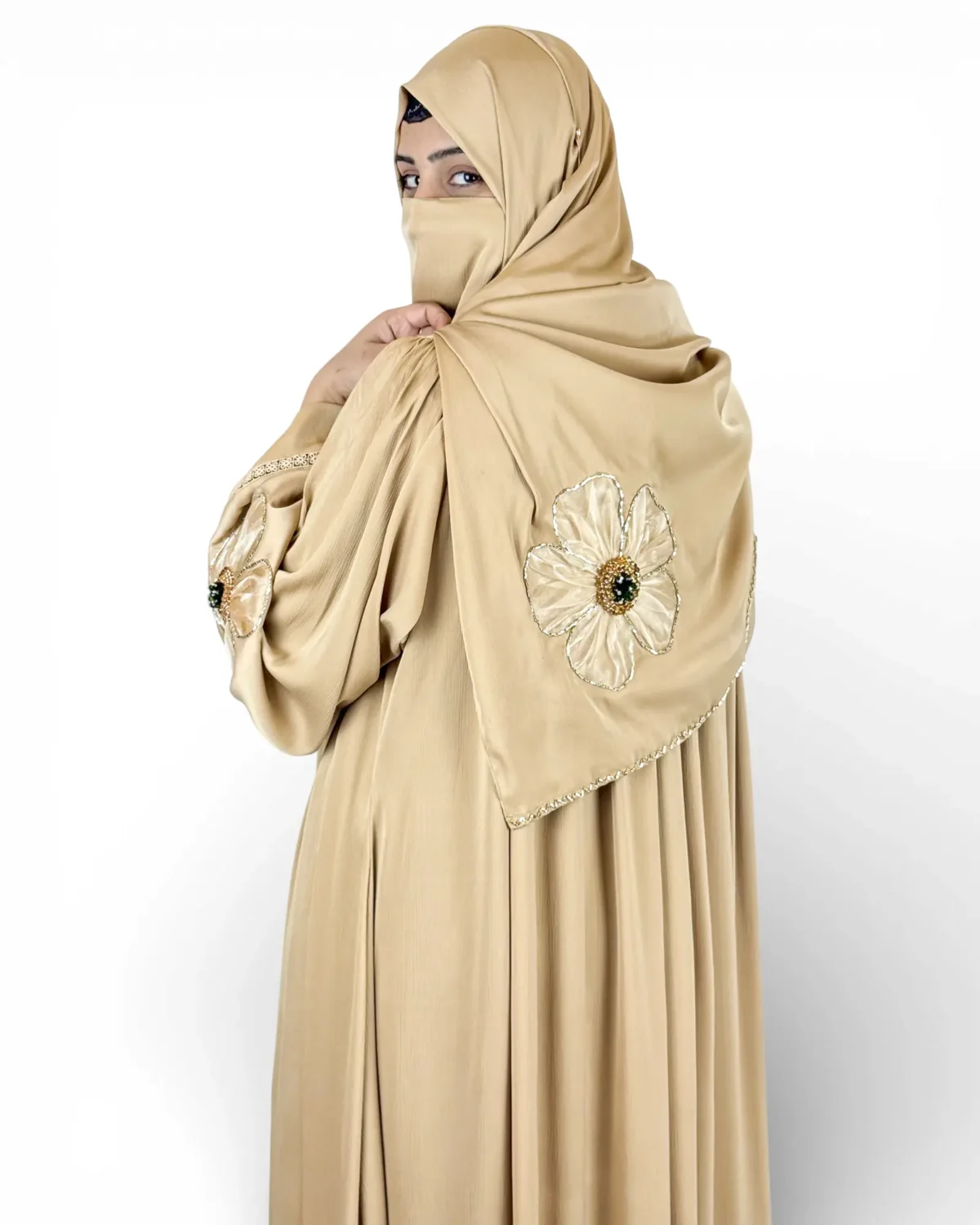 Golden Bloom abaya three-quarter view showing gold floral scroll lace trim