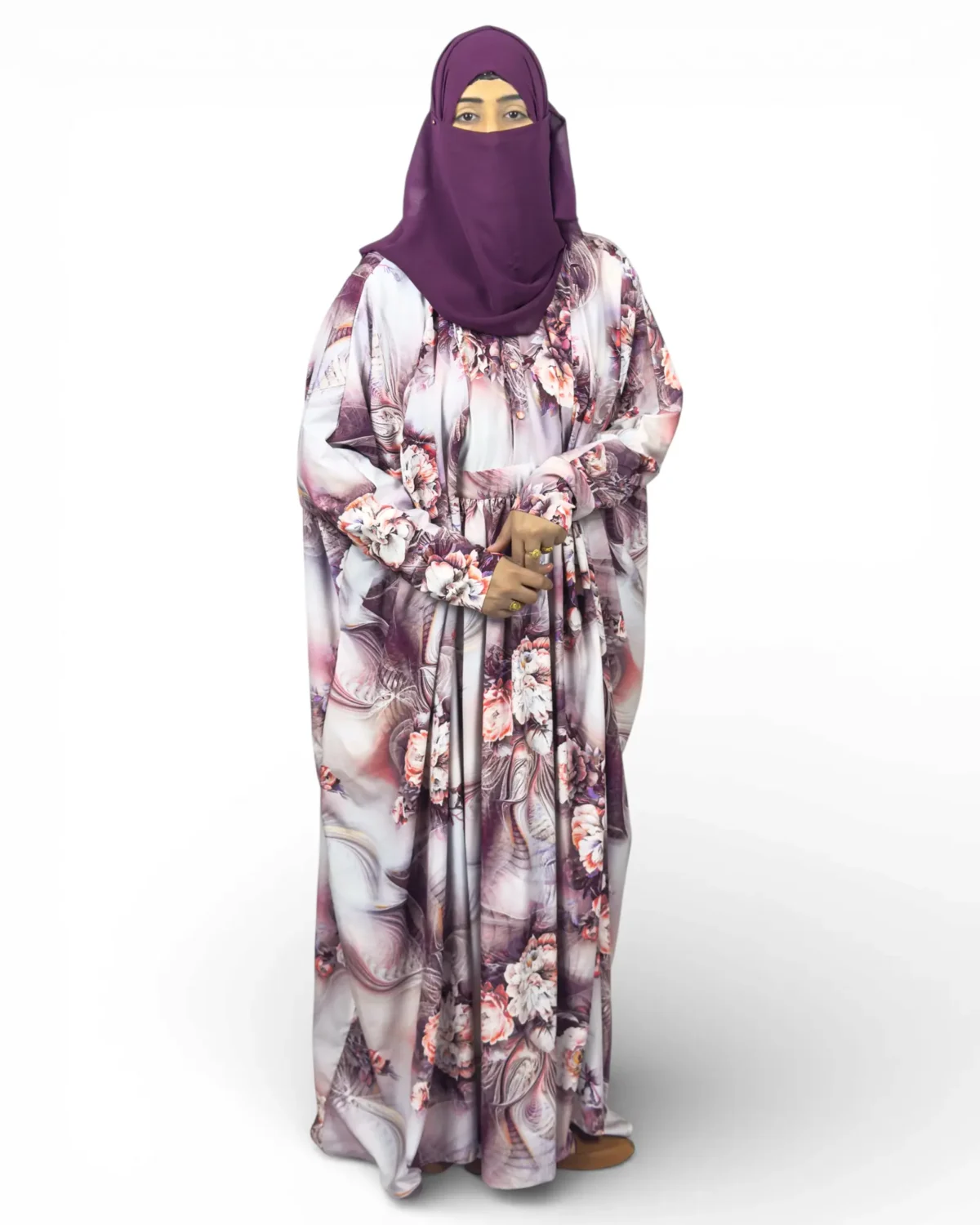 Mauve Blossom silver-grey abaya with mauve floral print and gathered waist full length view