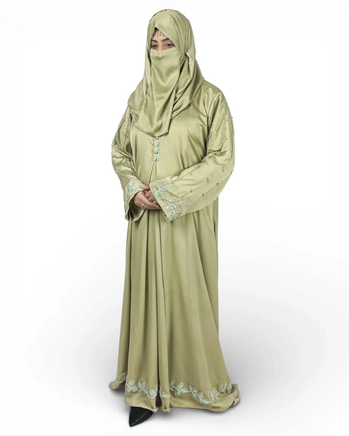 Olive Bloom olive green satin abaya full view with turquoise floral embroidery and vine hem border