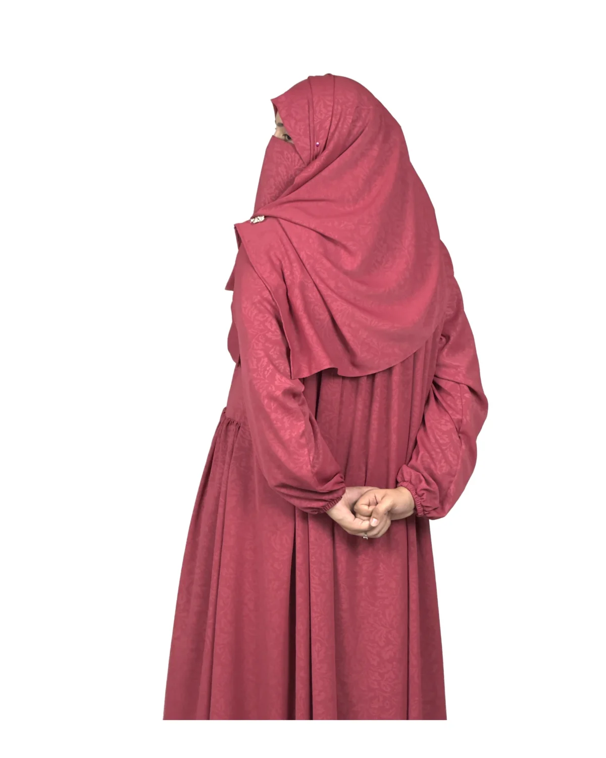 Berry Crush berry / dusty rose abaya back view with self-textured jacquard and softly gathered skirt