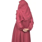 Berry Crush berry / dusty rose abaya back view with self-textured jacquard and softly gathered skirt