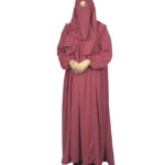 Berry Crush berry / dusty rose abaya front view with self-textured jacquard and softly gathered skirt