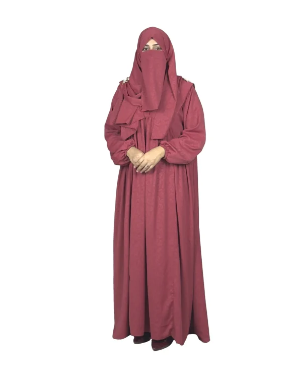 Berry Crush berry / dusty rose abaya front view with self-textured jacquard and softly gathered skirt